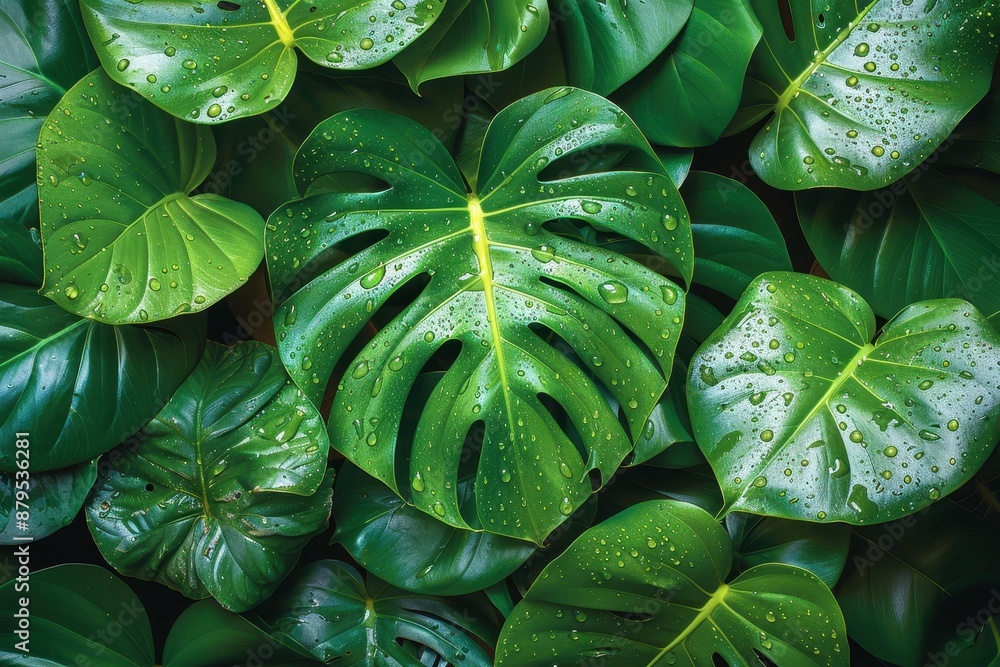 Close-up of vibrant green tropical leaves with water droplets, showcasing natural beauty and freshness in lush foliage. Close-up of vibrant green tropical leaves with water droplets, showcasing natural beauty and freshness in lush foliage.