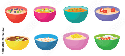 Porridge bowls. Rice oat flakes corn with milk or juice. Healthy vegan breakfast food, nutrition for kids adults. Fruits grains berries and nuts, neoteric vector set