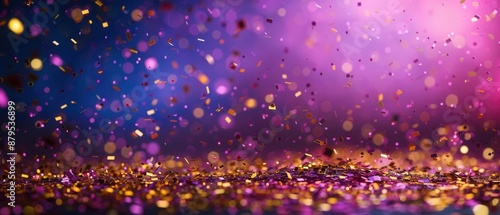 Golden confetti trail, glowing purple background, neon art, high contrast,
