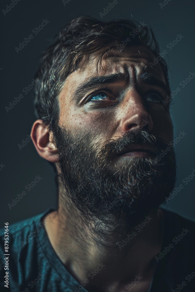 Fototapeta premium Man looking up with worried expression in low light