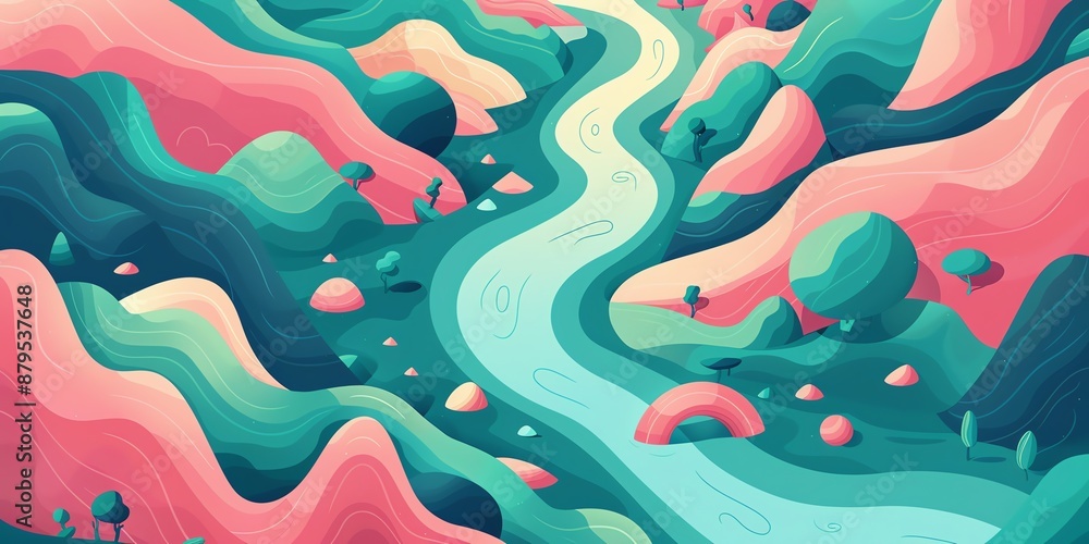 Colorful abstract landscape illustration featuring a winding river through vibrant hills and trees in a whimsical design. Colorful abstract landscape illustration featuring a winding river through vibrant hills and trees in a whimsical design.
