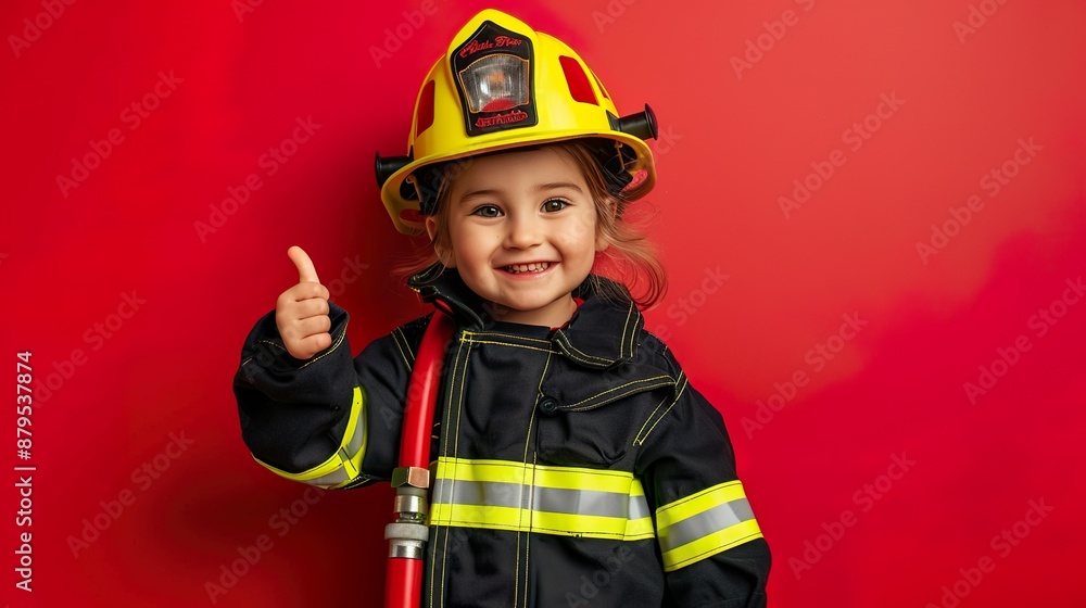 Cute child in firefighter's uniform, smiling with a toy fire hose and thumb-up on a red background, editorial photography Cute child in firefighter's uniform, smiling with a toy fire hose and thumb-up on a red background, editorial photography