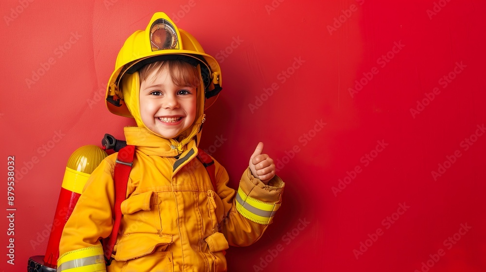 Cheerful child firefighter in uniform, smiling with a toy fire hose and showing a thumb-up on a red editorial backdrop Cheerful child firefighter in uniform, smiling with a toy fire hose and showing a thumb-up on a red editorial backdrop