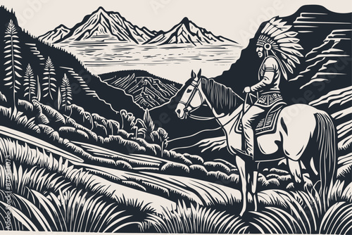 Landscape with an Indian chief on horseback, Vector illustration