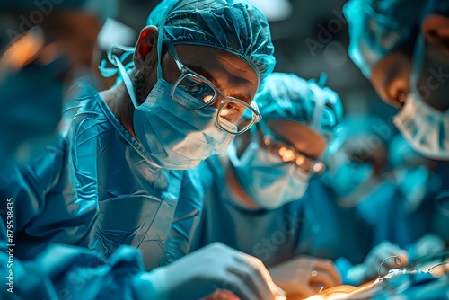 Surgeons in operating room, focused and working under bright surgical lights, showcasing precision and teamwork in a high-stakes environment. Perfect for themes of healthcare, surgery, and medical 