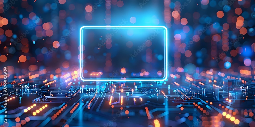 Holographic display frame surrounded by vibrant digital circuits and light effects, symbolizing futuristic technology and innovation. Perfect for themes of digital interfaces, advanced technology Holographic display frame surrounded by vibrant digital circuits and light effects, symbolizing futuristic technology and innovation. Perfect for themes of digital interfaces, advanced technology