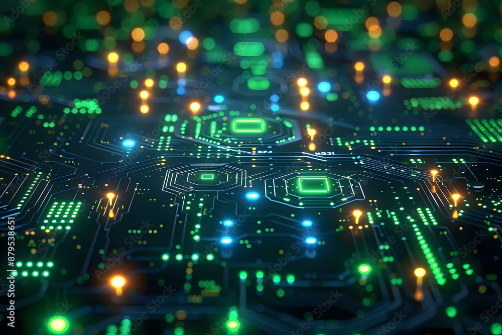 Close-up of a glowing circuit board with green and blue lights, representing advanced technology and digital innovation. Ideal for themes of electronics, computing, and high-tech systems. Close-up of a glowing circuit board with green and blue lights, representing advanced technology and digital innovation. Ideal for themes of electronics, computing, and high-tech systems.