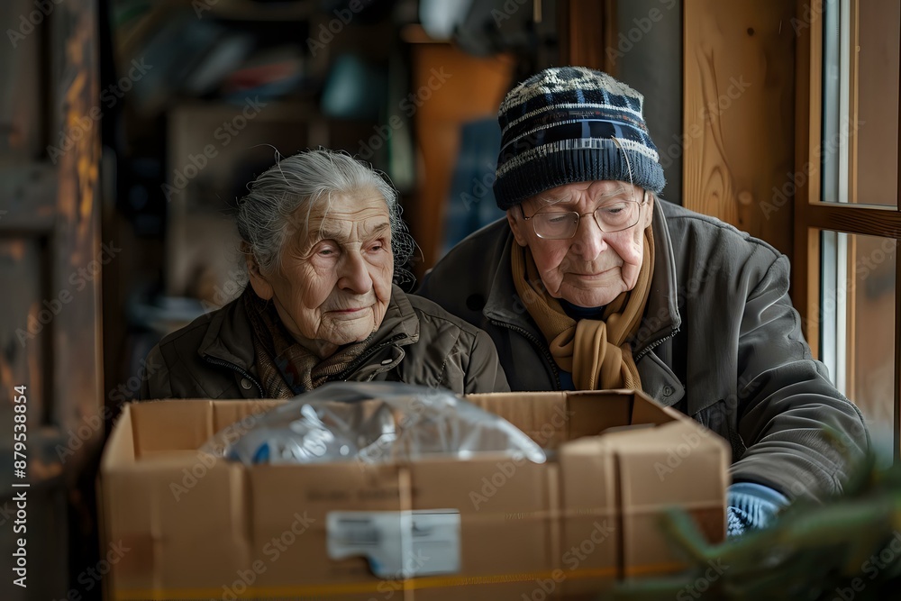 Elderly couple in warm clothing, sitting by a window with a cardboard box, symbolizing resilience and companionship. Ideal for themes of aging, togetherness, and life stories. Elderly couple in warm clothing, sitting by a window with a cardboard box, symbolizing resilience and companionship. Ideal for themes of aging, togetherness, and life stories.