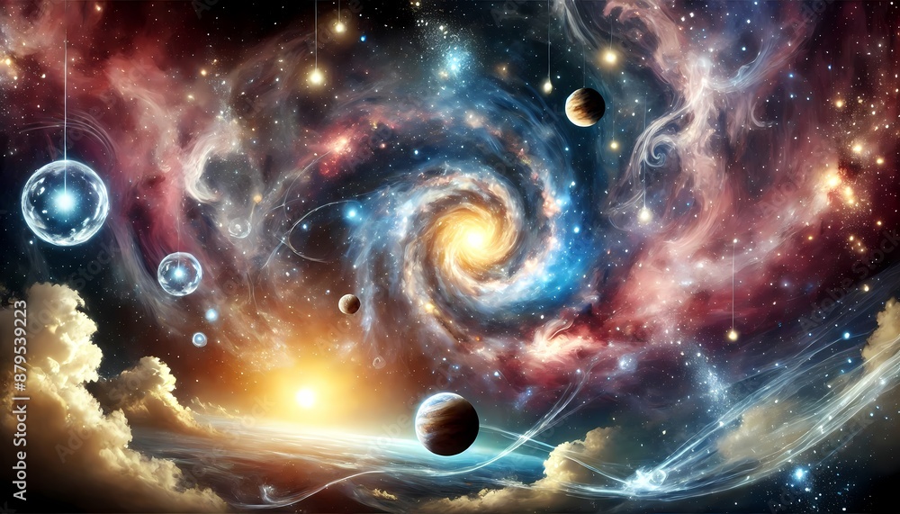 A stunning galaxy scene with swirling stars and floating planets, creating a sense of wonder and cosmic beauty. Generative AI A stunning galaxy scene with swirling stars and floating planets, creating a sense of wonder and cosmic beauty. Generative AI