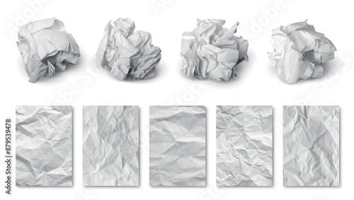 Realistic crumpled white paper. White sheets balls and clean rough texture papers. Office or creative crisis trash. Decorative banners pithy vector set