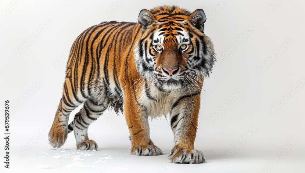 Fototapeta premium Striped Tiger Walking on White Background