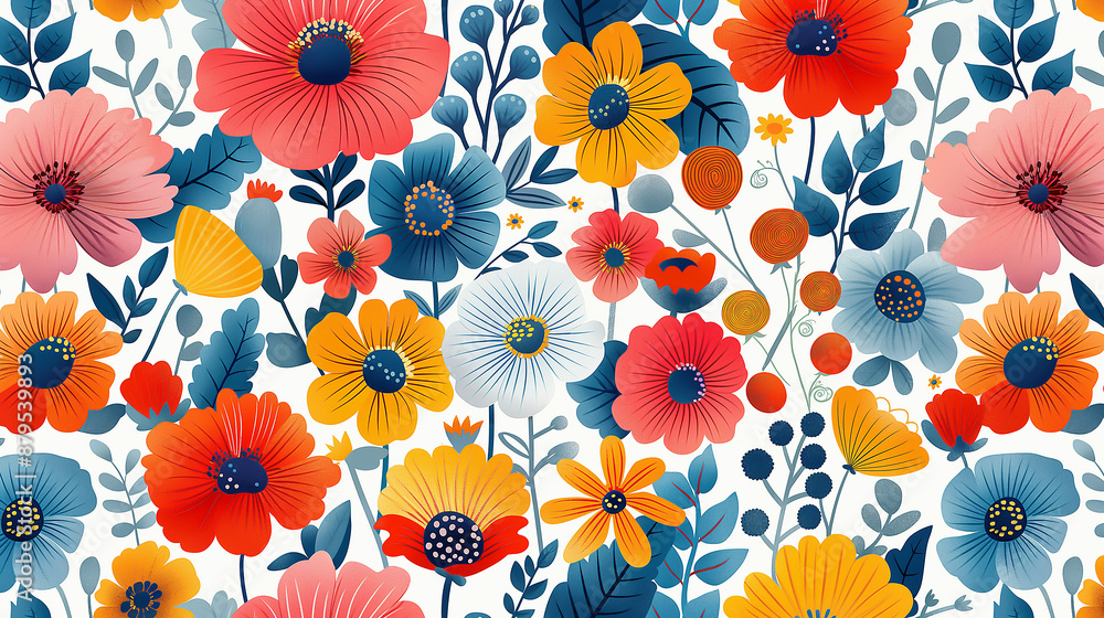 beautiful detailed colorful flowers seamless pattern, scandinavian art beautiful detailed colorful flowers seamless pattern, scandinavian art