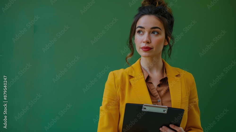 A woman in a yellow jacket holds a tablet, ready for work or communication A woman in a yellow jacket holds a tablet, ready for work or communication