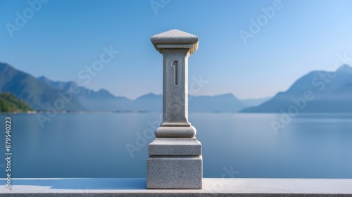 A serene and crisp photo of a number 1 statue in a beautiful and calm landscape, focus cover all object photo