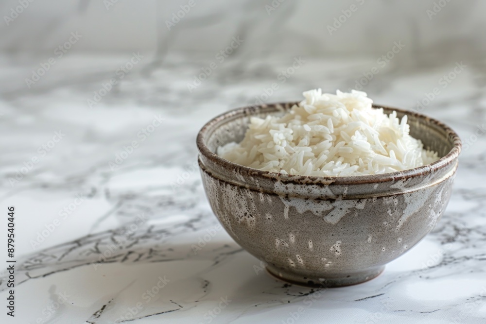 A simple bowl of cooked rice sits on a smooth marble countertop, ideal for use in still life photography, food styling, or as a decorative element A simple bowl of cooked rice sits on a smooth marble countertop, ideal for use in still life photography, food styling, or as a decorative element