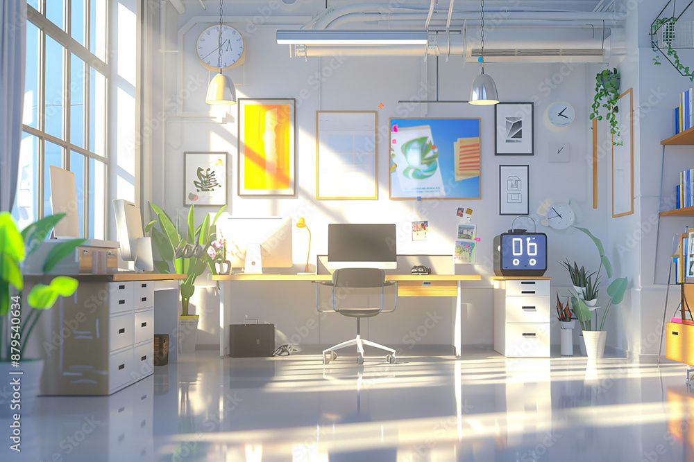 Office interior scene, 3D animation, flat design style, clean and organized
