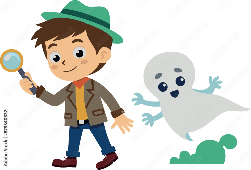 Cartoon detective boy with magnifying glass and friendly ghost on white background Cartoon detective boy with magnifying glass and friendly ghost on white background