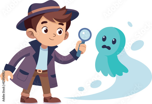 Cartoon of young detective boy investigating a cute ghost with magnifying glass