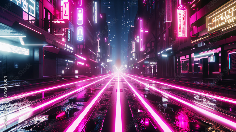 Fototapeta premium Futuristic Cyberpunk Neon Street with Pink and Blue Lights. Concept of Urban, Sci-Fi Environment