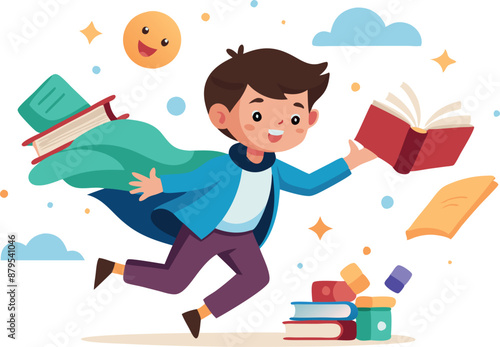 Illustration of a joyful boy flying with books, representing imagination and learning