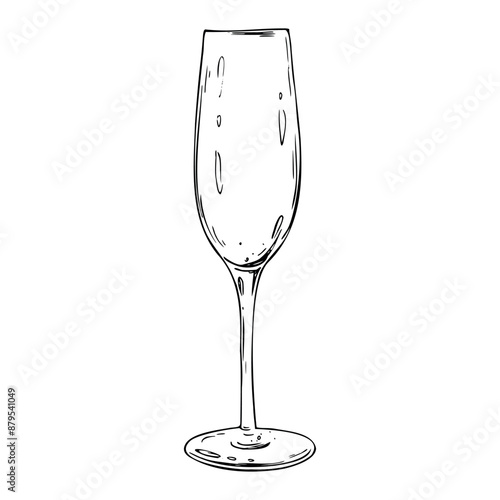 Empty elongated, elegant champagne glass. Line art is a simple hand-drawn illustration in black and white ink. Isolated vector EPS object.