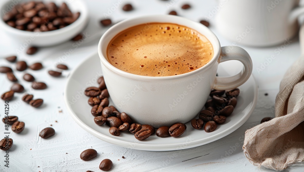 Coffee Cup with Beans on a White Surface Coffee Cup with Beans on a White Surface