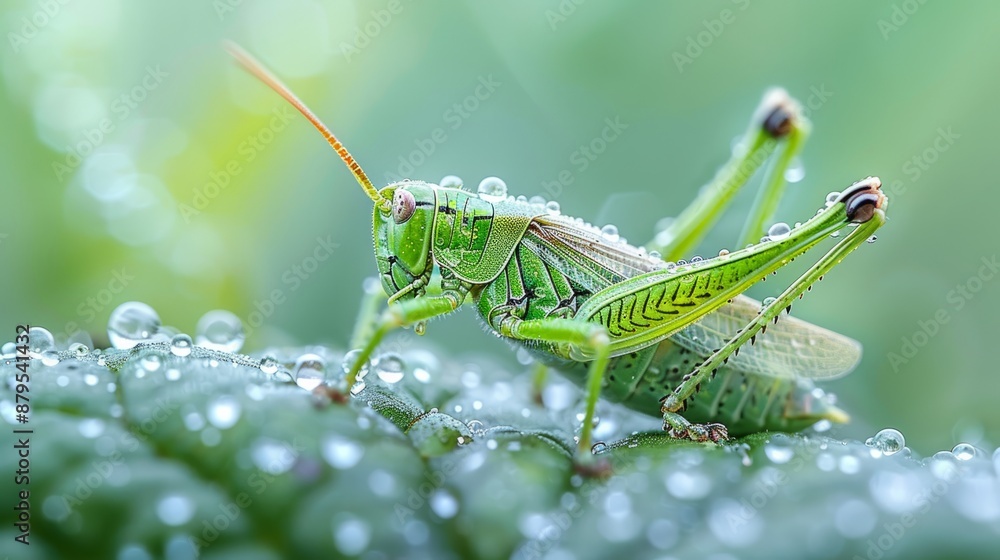 Green grasshopper on dewy leaf in morning light Green grasshopper on dewy leaf in morning light