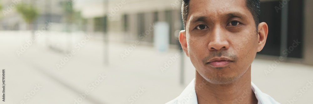 Obraz premium Close up, young businessman looks at the camera while standing in business district