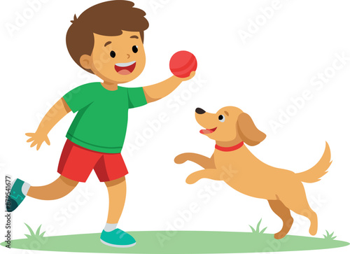 Happy boy playing fetch with dog in park, enjoying outdoor fun