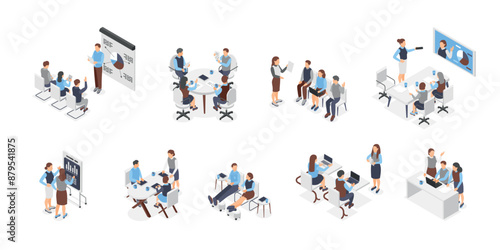 Isometric office scenes. Business people communication, discussion of projects work processes and start up progress. Team leader, flawless vector set