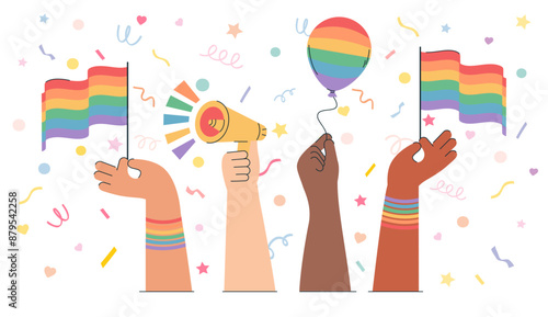 Hands holding lgbt elements pride month illustration. Take care love concept, supporting LGBTQ community.