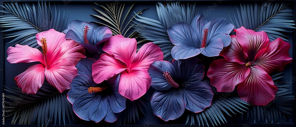 Fototapeta premium Tropical Flowers and Palm Leaves in a Vase