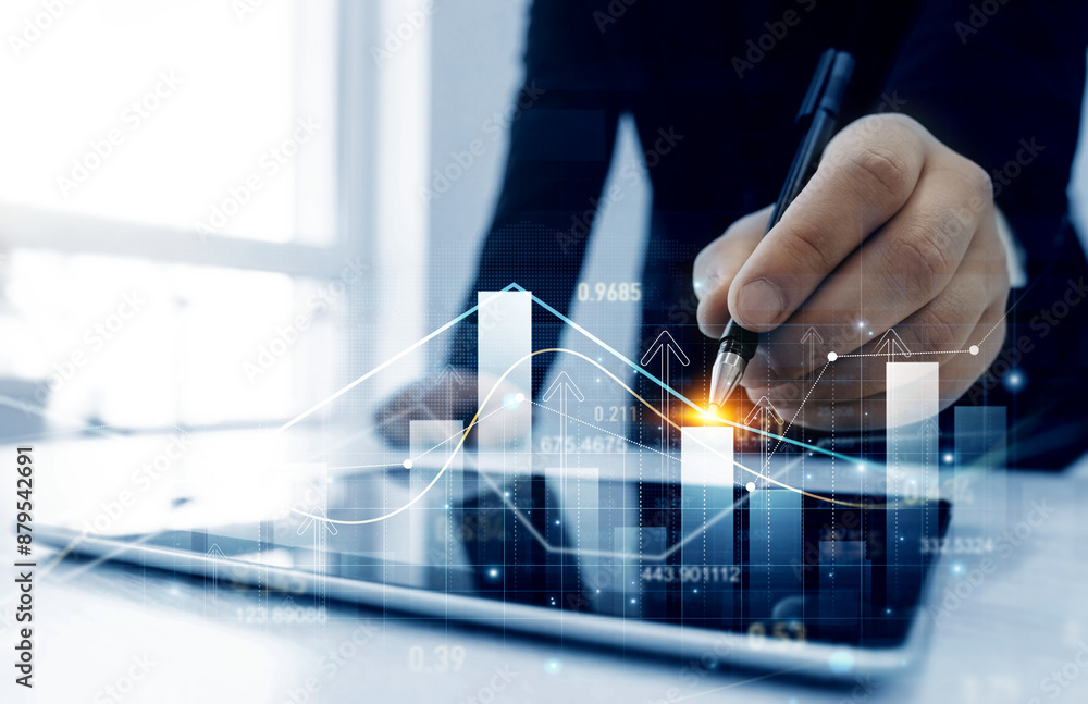 Successful businessman draw business arrow chart, growth strategy and achieving goals with the rising arrow. Business strategy development and efficiency growth. Successful businessman draw business arrow chart, growth strategy and achieving goals with the rising arrow. Business strategy development and efficiency growth.