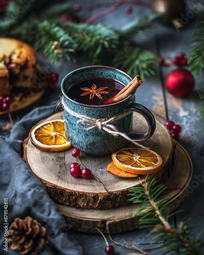 Wallpaper Mural Christmas drink, mulled wine with cinnamon and citruses on a rustic background. Torontodigital.ca
