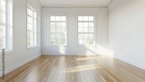 Empty Room with Large Windows and Hardwood Floor