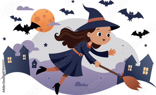 Young witch flying on broomstick under full moon with bats