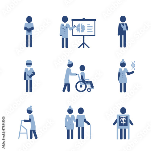 Medical pictograms with doctors. Clinic concept icons set. Simple pictograms with flurography, old man and woman icon pictogram.