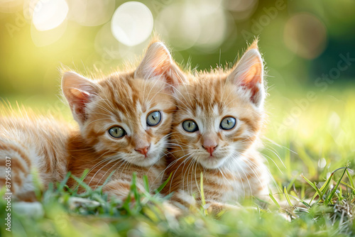 Two little red kittens on the lawn.