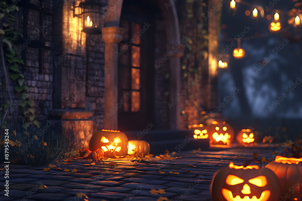 A spooky Halloween pumpkin glowing in the dark night next to a festive Christmas tree A spooky Halloween pumpkin glowing in the dark night next to a festive Christmas tree