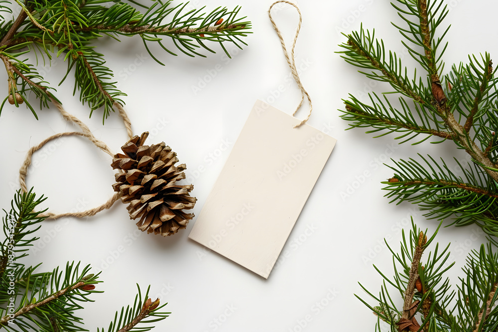 Fototapeta premium Christmas card featuring fir branches and pine cones for a festive holiday greeting blank label