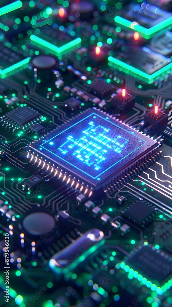 A close-up shot of a glowing computer chip on a circuit board. The chip is surrounded by other components and wires. The image is a great representation of modern technology. A close-up shot of a glowing computer chip on a circuit board. The chip is surrounded by other components and wires. The image is a great representation of modern technology.