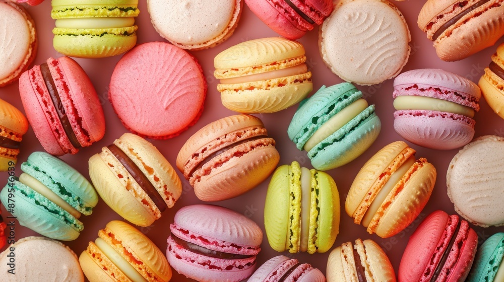 Close-up shot of vibrant macarons, showcasing their delicate textures and tempting flavors Close-up shot of vibrant macarons, showcasing their delicate textures and tempting flavors