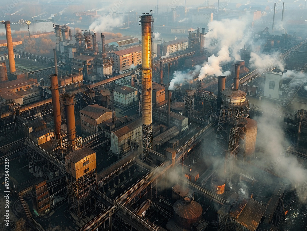 Aerial View of a Large Industrial Complex With Smoke Plumes in the Early Morning Aerial View of a Large Industrial Complex With Smoke Plumes in the Early Morning