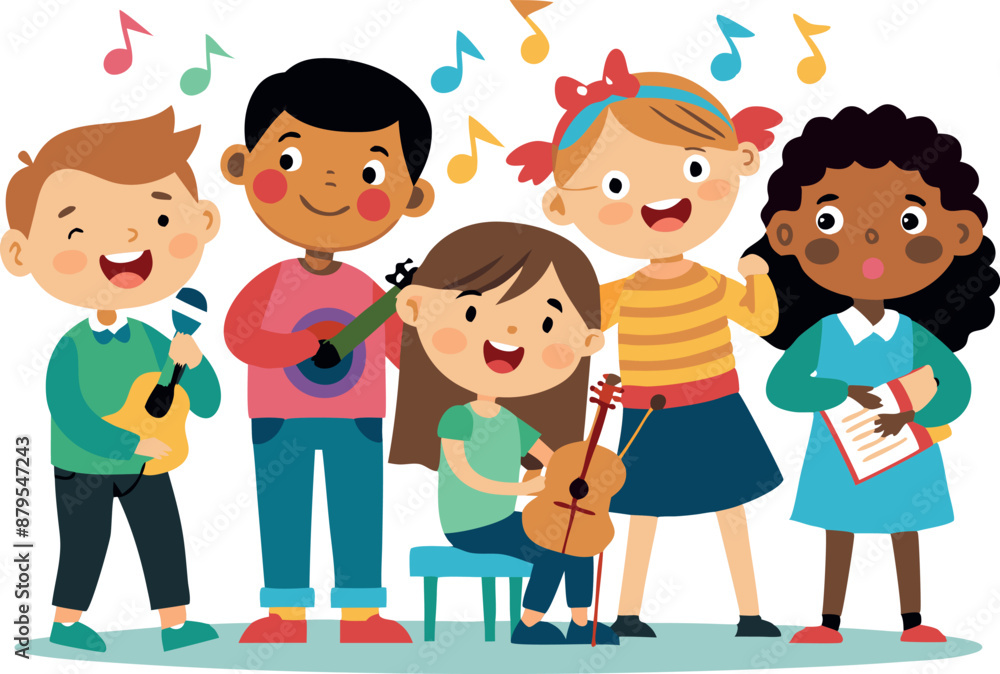 Group of diverse children playing musical instruments and singing together Group of diverse children playing musical instruments and singing together