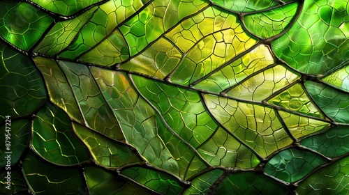Detailed close-up of a green stained glass leaf with intricate patterns and textures, highlighting its natural beauty and artistic design.
