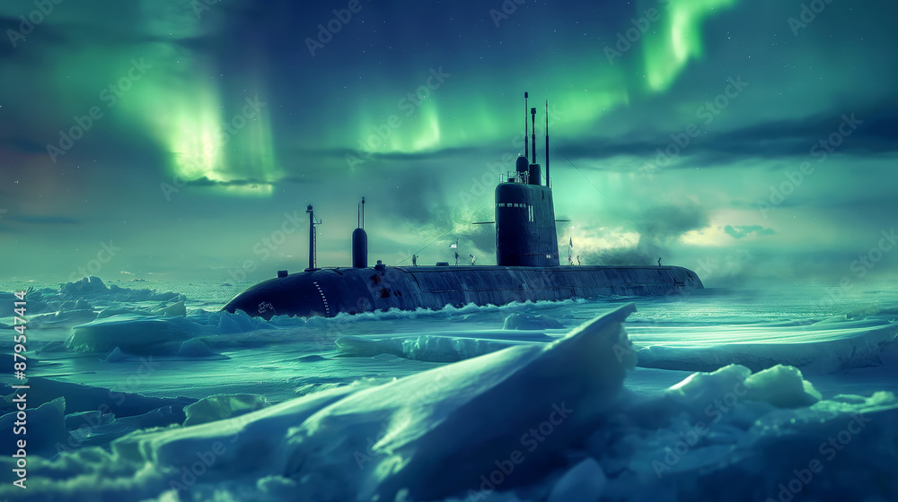 Dramatic view of a submarine emerging from icy waters under the Northern Lights Dramatic view of a submarine emerging from icy waters under the Northern Lights