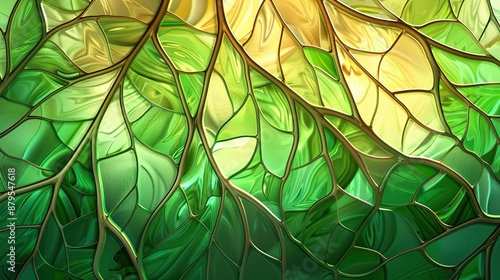 Detailed close-up of a green stained glass leaf with intricate patterns and textures, highlighting its natural beauty and artistic design.