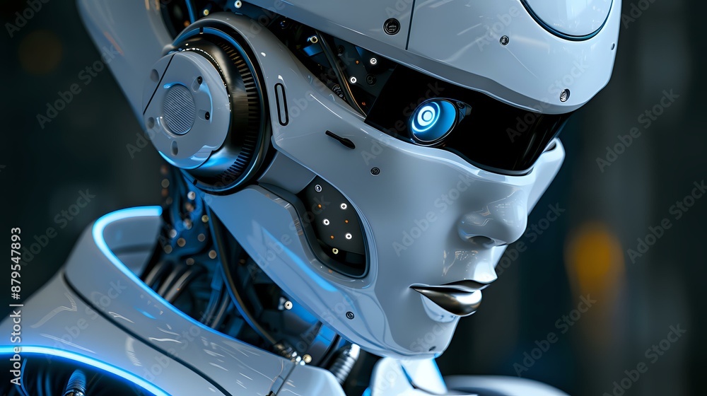 Close-up of a futuristic robot with intricate details and glowing blue lights. Ideal for themes of technology, artificial intelligence, and innovation. Close-up of a futuristic robot with intricate details and glowing blue lights. Ideal for themes of technology, artificial intelligence, and innovation.