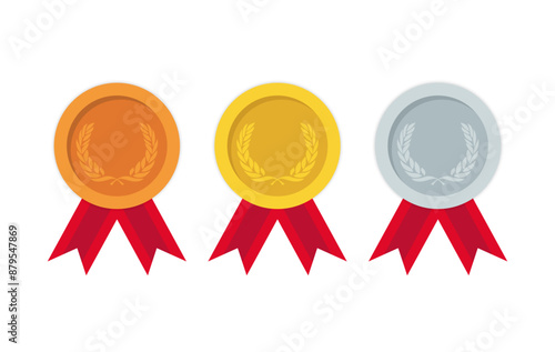 gold silver and bronze medal icon set with color ribbons and with laurel wreath isolated on white background 