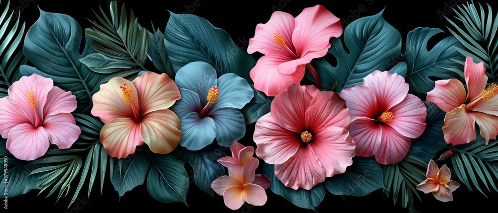 Pink and Blue Tropical Lei, Floral Border for Wedding Invitations Pink and Blue Tropical Lei, Floral Border for Wedding Invitations